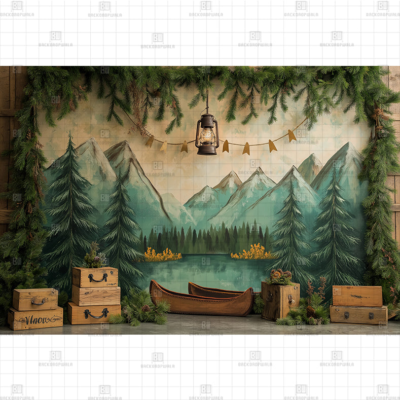 Rustik Mountains Lake Camping Printed Baby Backdrop