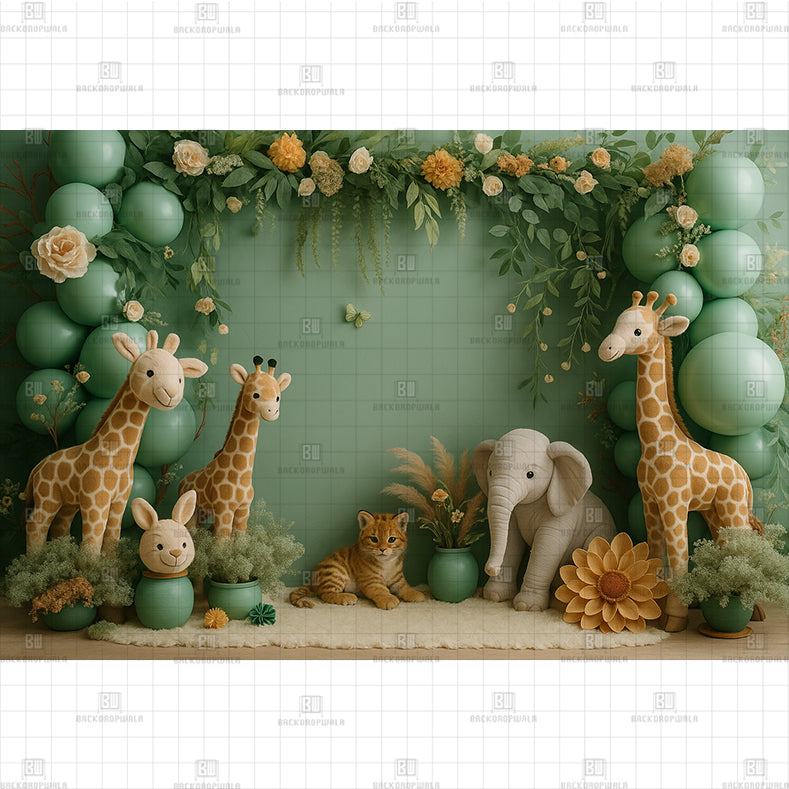 Floral Jungle Animals Printed Baby Backdrop