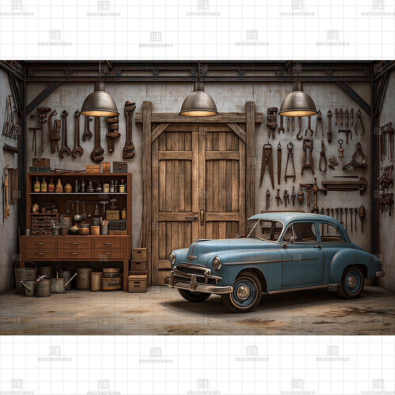 Race Car Wood Garage Printed Baby Backdrop
