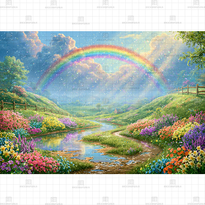 Vibrant Spring Meadow Rainbow Printed Baby Backdrop