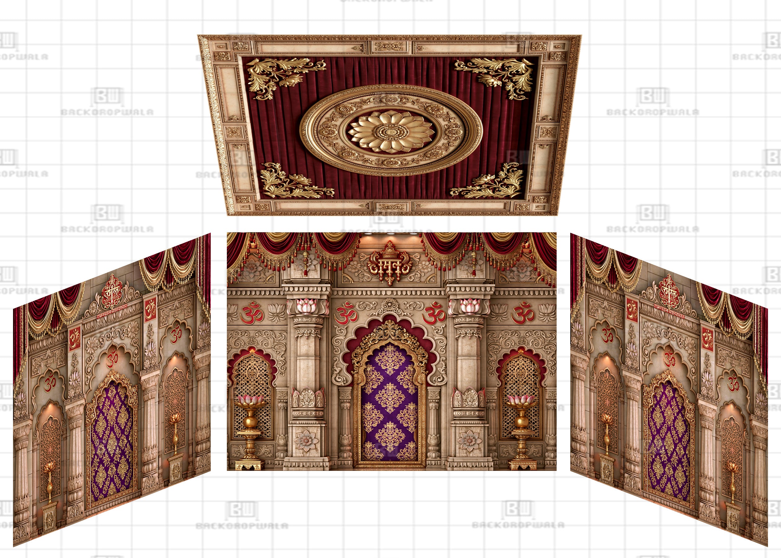 Sacred Temple Pillars & Om Pavilion Theme Ganesh Pandal Backdrop