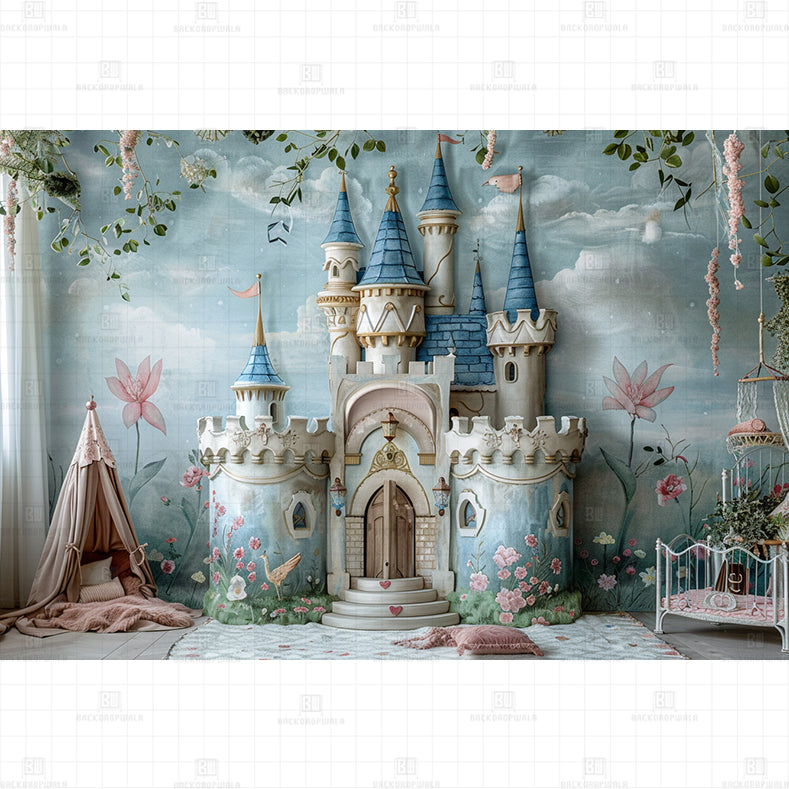 Whimsical Blue Castle Printed Baby Backdrop