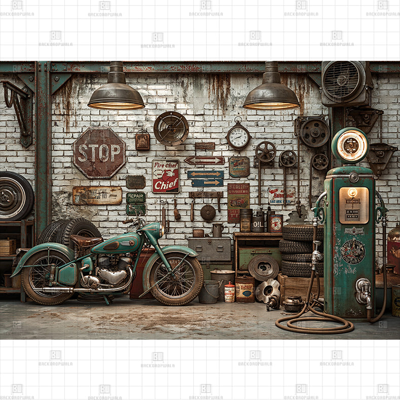 Blue Car Tool Garage Printed Baby Backdrop