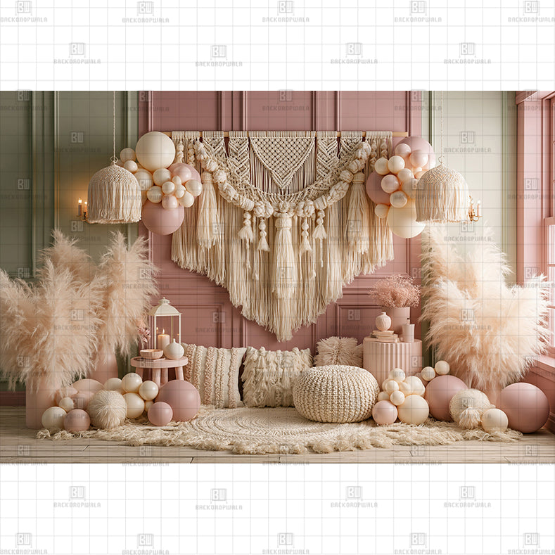 Pink Macrame Printed Baby Backdrop
