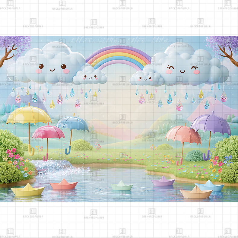 Pastel Umbrella and Colorful Raindrop Printed Baby Backdrop