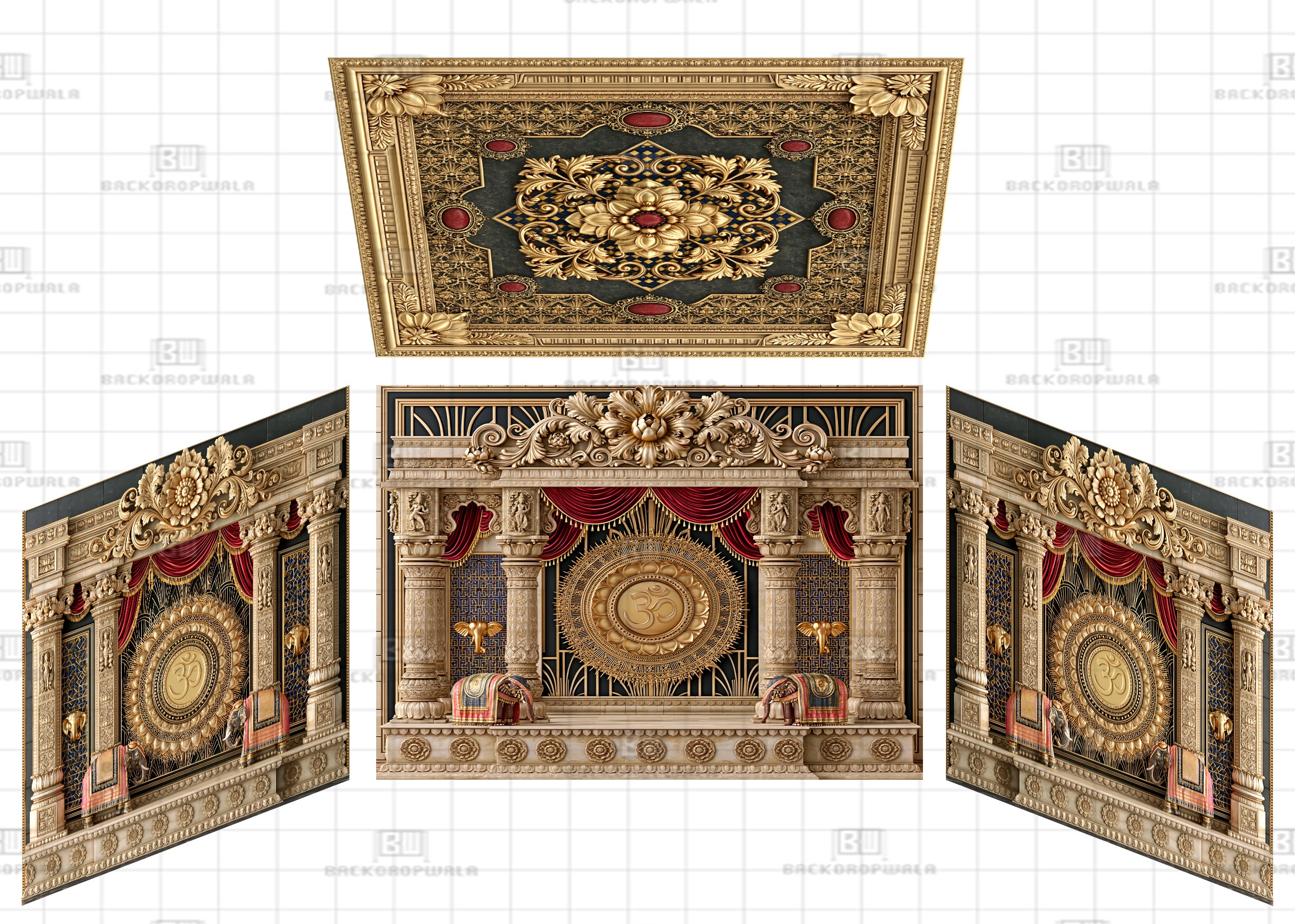 Ornate Carved Pillars with Red Drapes & Om Theme Ganesh Pandal Backdrop