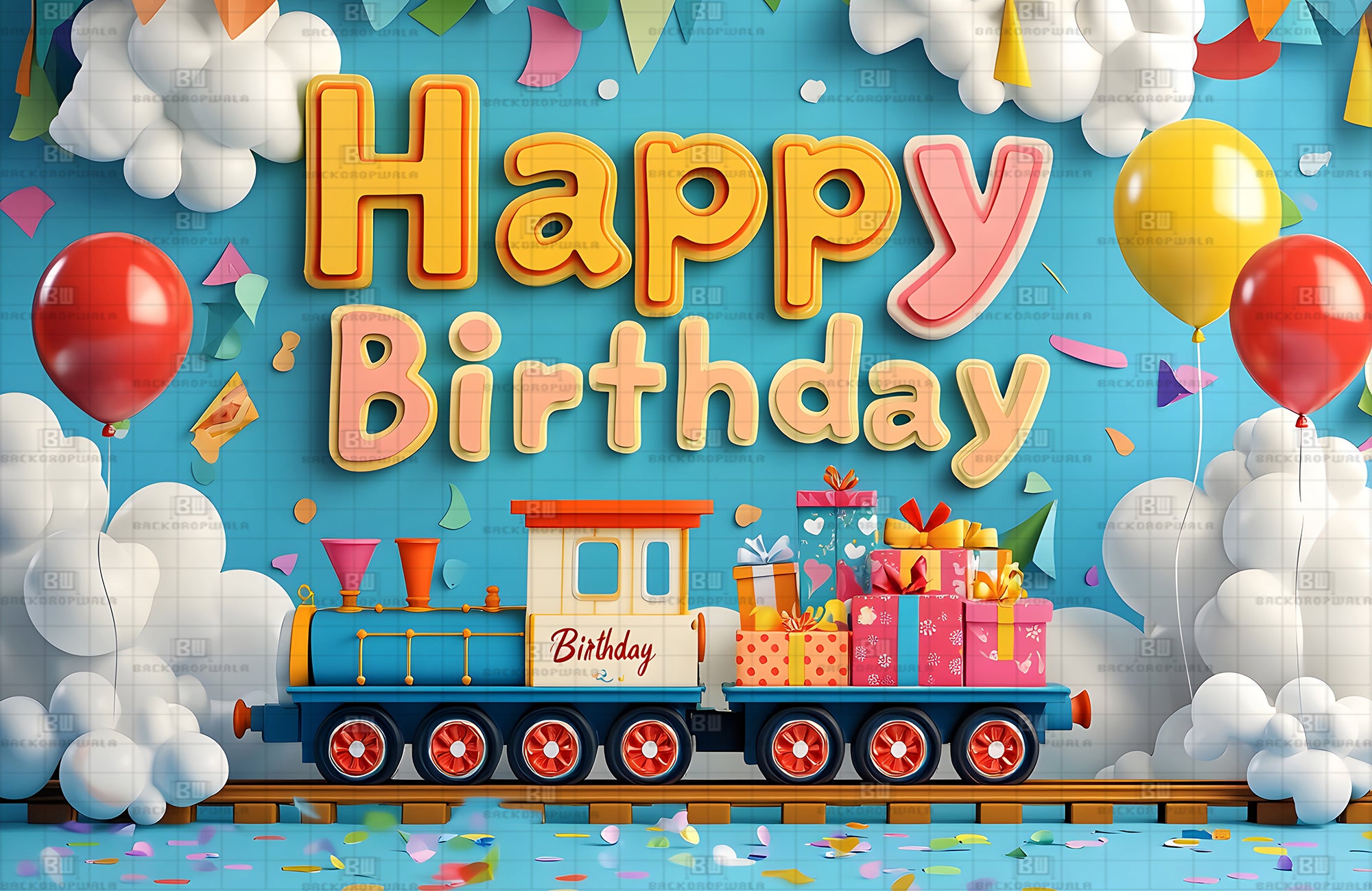 Train with Ballons Birthday Theme Event Backdrop