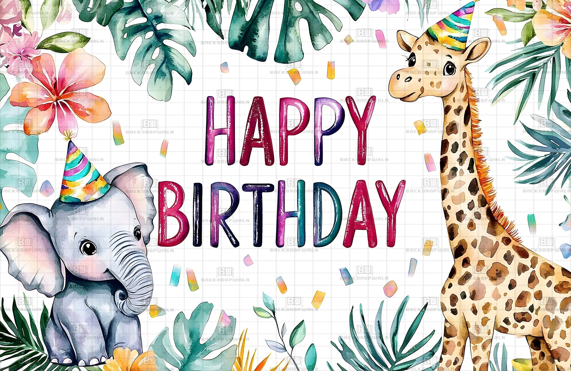 Giraffe & Elephant Birthday Theme Event Backdrop