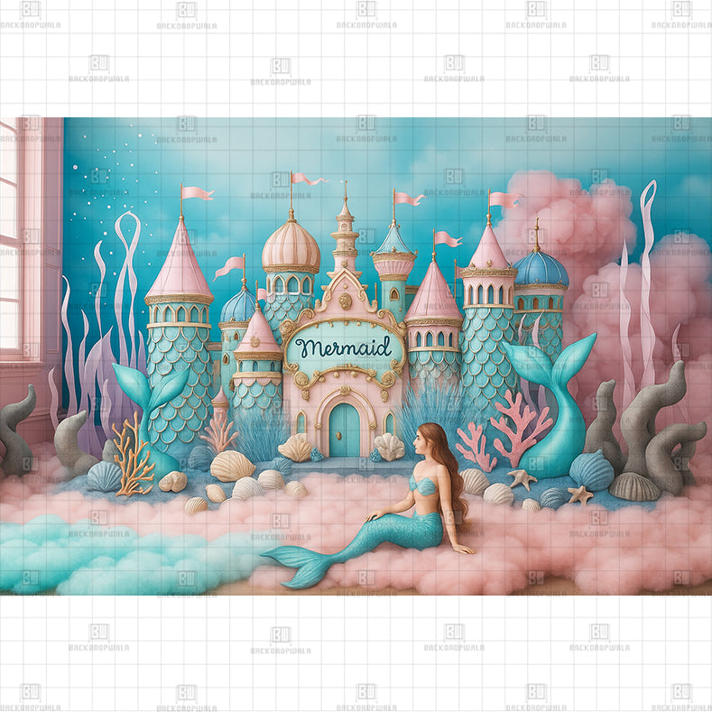 Mermaid Castle Scene Printed Baby Backdrop