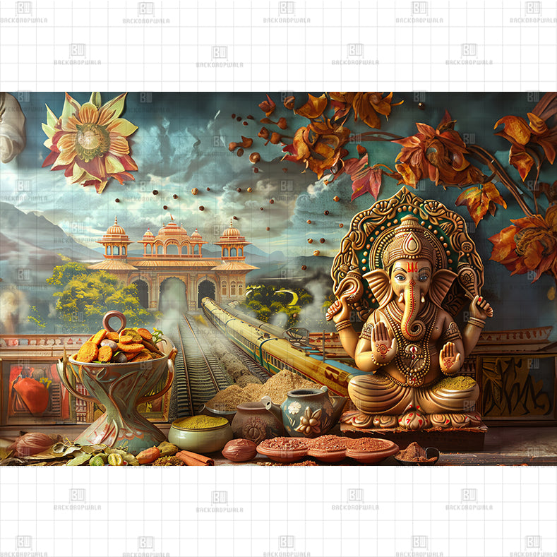 Golden Ganesh Shrine Printed Baby Backdrop