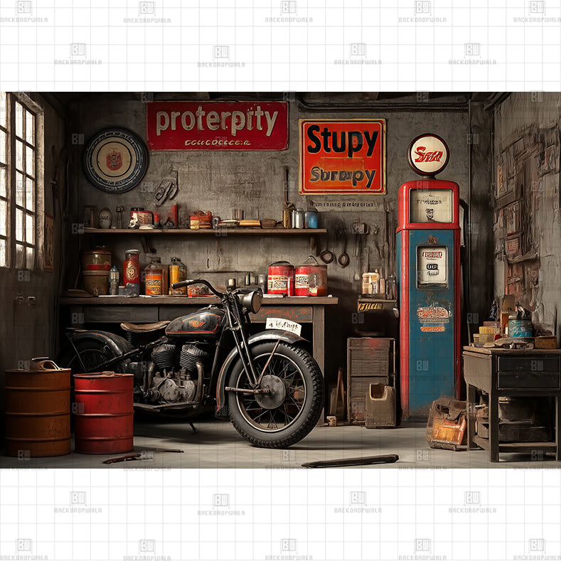 Vintage Garage Printed Baby Backdrop