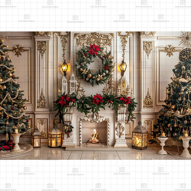 Golden Christmas Fireplace Printed Baby Backdrop
