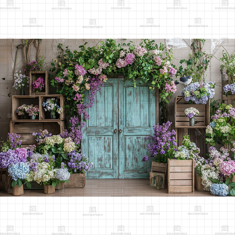 Blue Door Flower Theme Printed Baby Backdrop