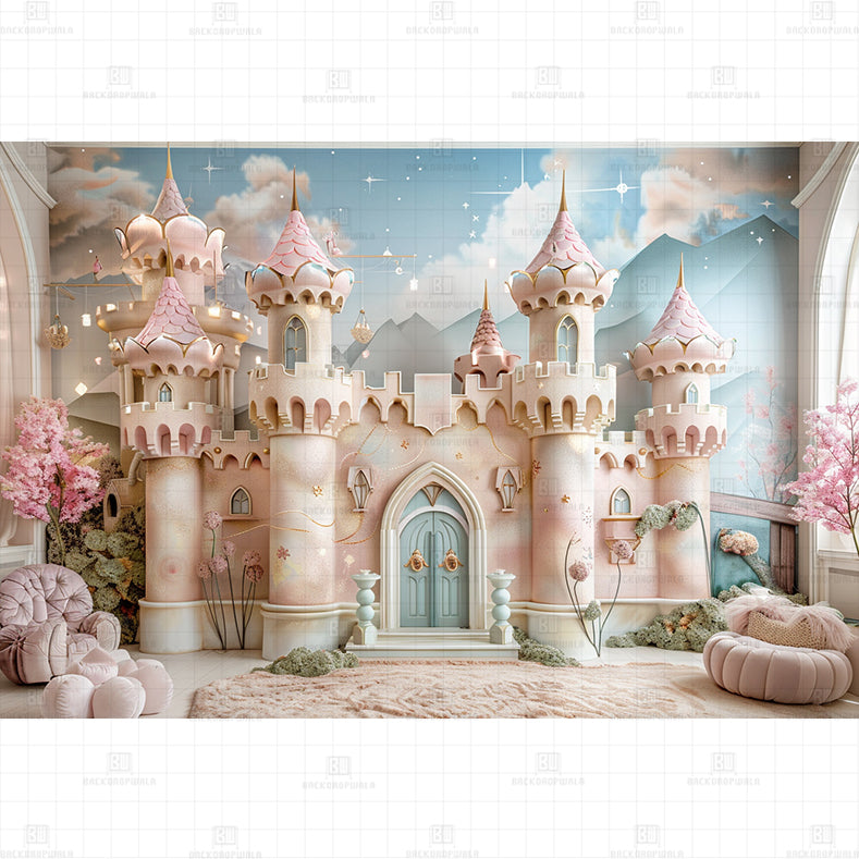 Cloudy Pink Castle Printed Baby Backdrop