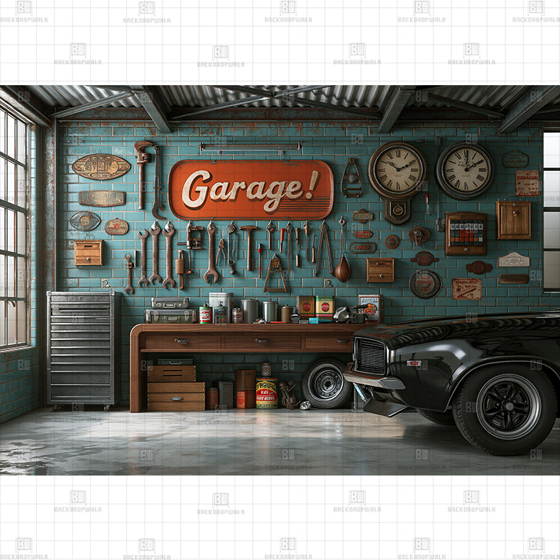 Orange Car Garage Printed Baby Backdrop
