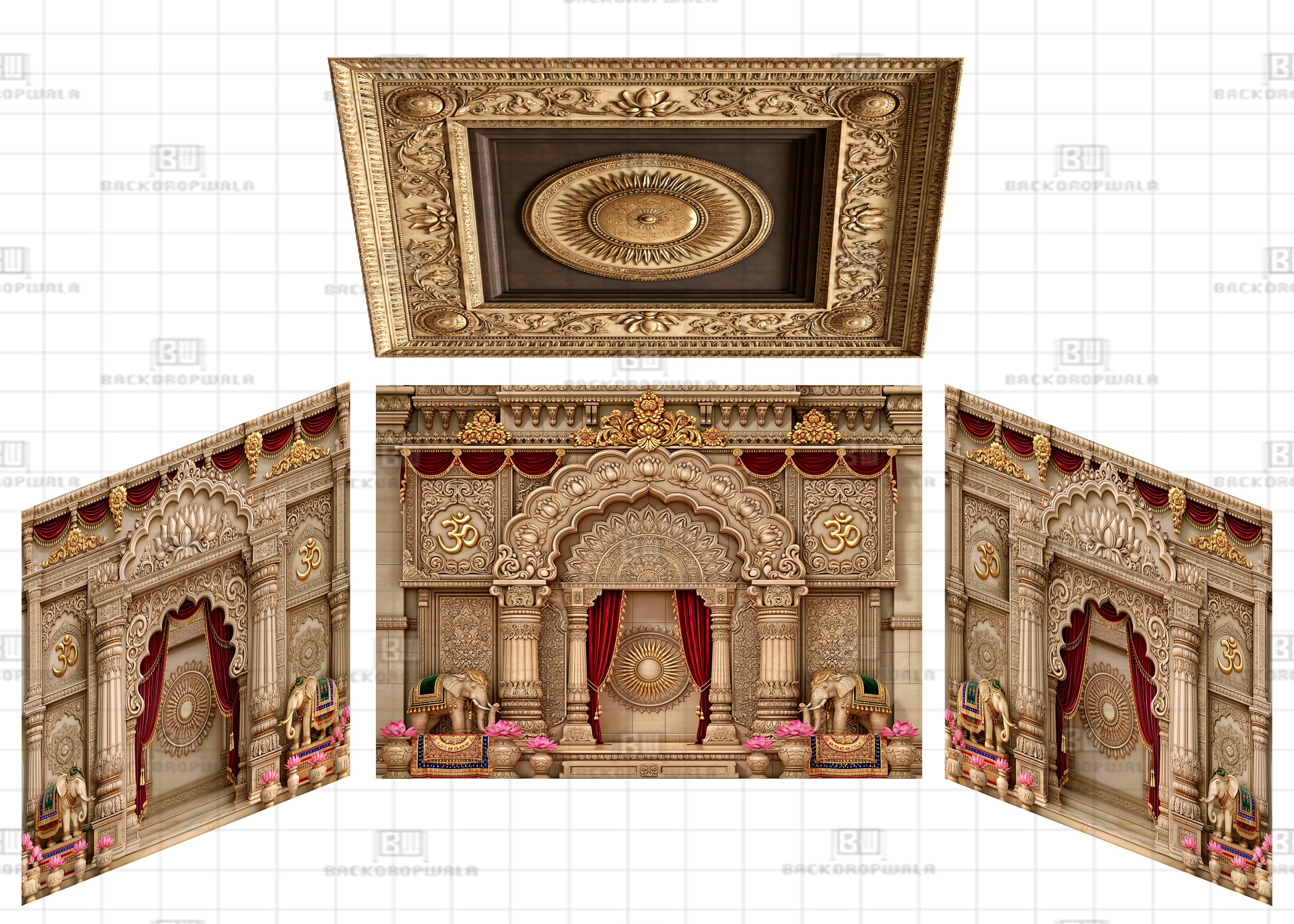 Royal Elephant Guarded Lotus Stage Theme Ganesh Pandal Backdrop