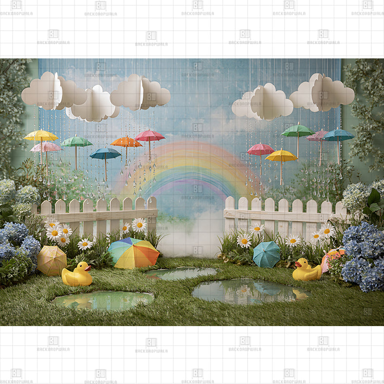 Cute Colorful Hanging Umbrellas and Rainbow Printed Baby Backdrop