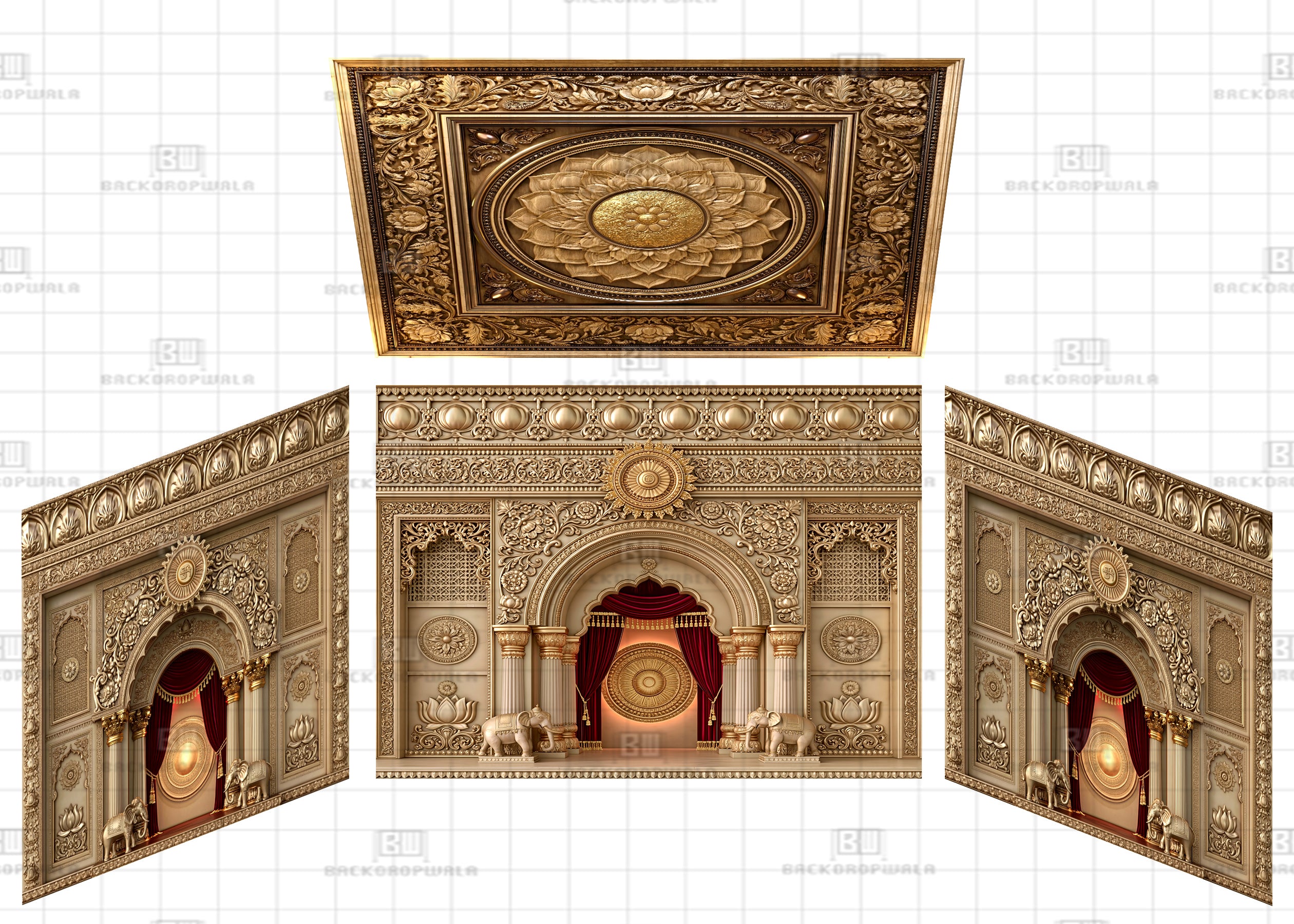 Golden Rajwada Sunburst Stage Theme Ganesh Pandal Backdrop