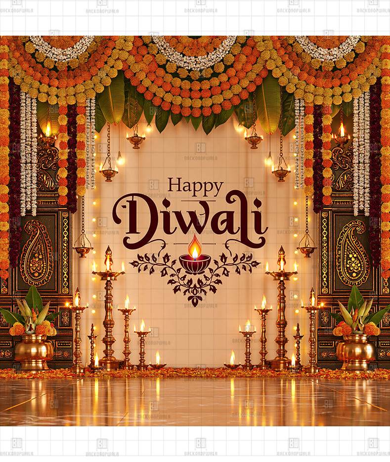 Radiant Brass Deepam Festival Printed Diwali Decoration Backdrop