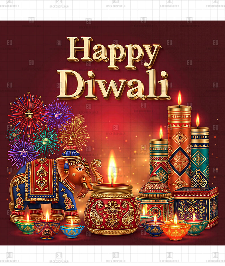 Golden Typography Fireworks Printed Diwali Decoration Backdrop