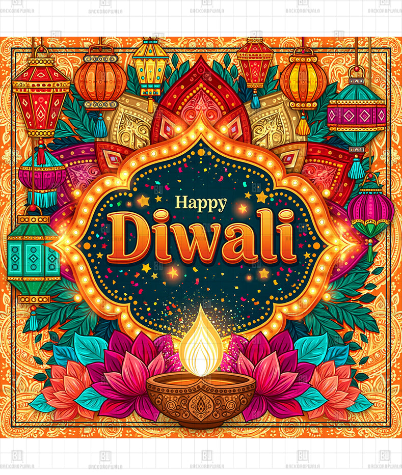 Colorful Kandeel Bloom Printed Diwali Decoration Backdrop