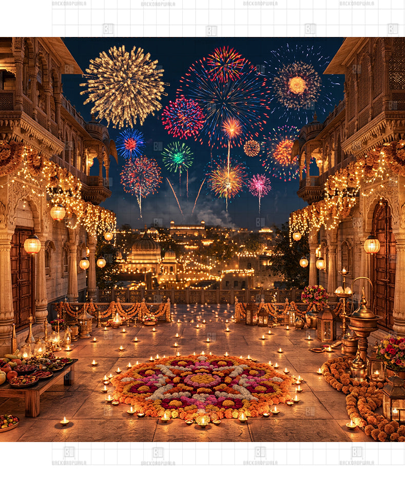 Royal Haveli Terrace Fireworks Printed Diwali Decoration Backdrop