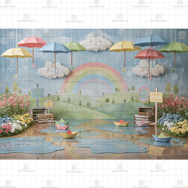 Magical Spring Meadow Rainy Day Printed Baby Backdrop