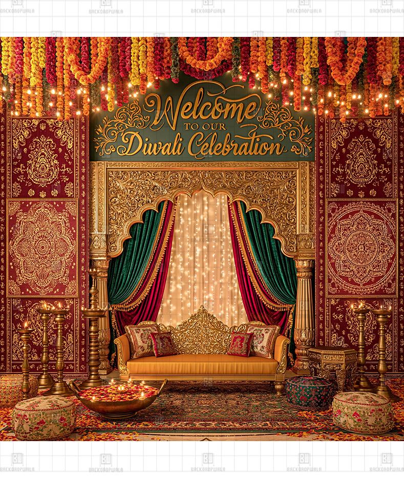 Traditional Deepavali Diya Sanctum Printed Diwali Decoration Backdrop