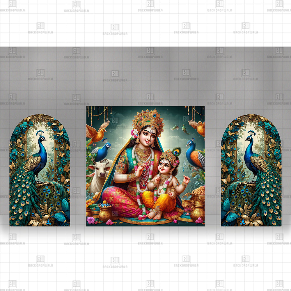 The Divine Motherhood with Majestic Peacocks Printed Event Backdrop