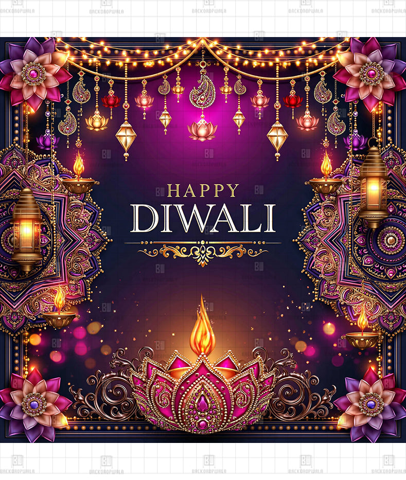 Royal Purple Lantern Happy Diwali Printed Diwali Decoration Backdrop