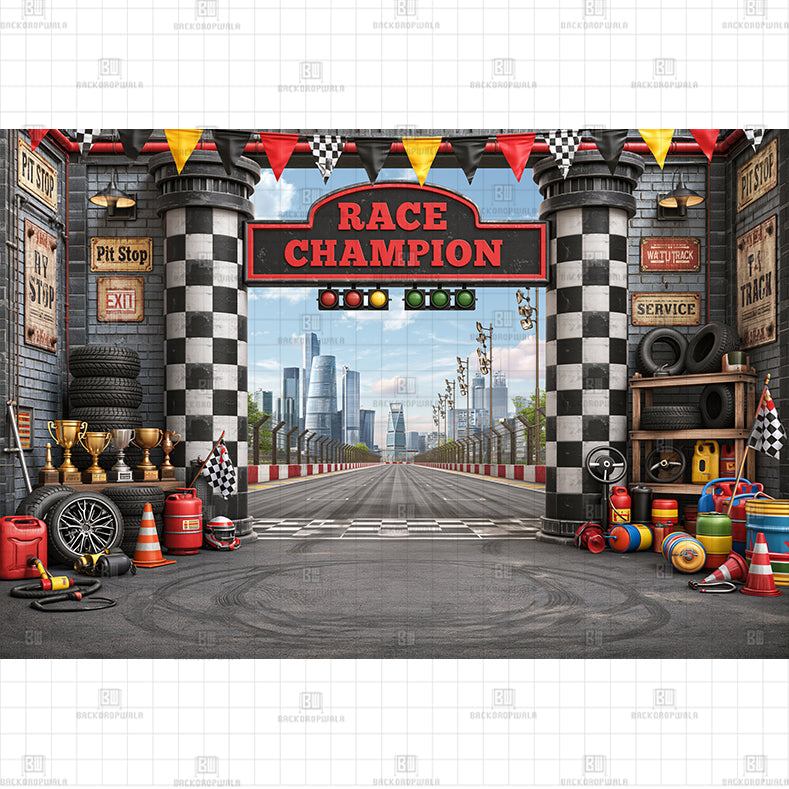Checkered Floor Race Car Printed Baby Backdrop