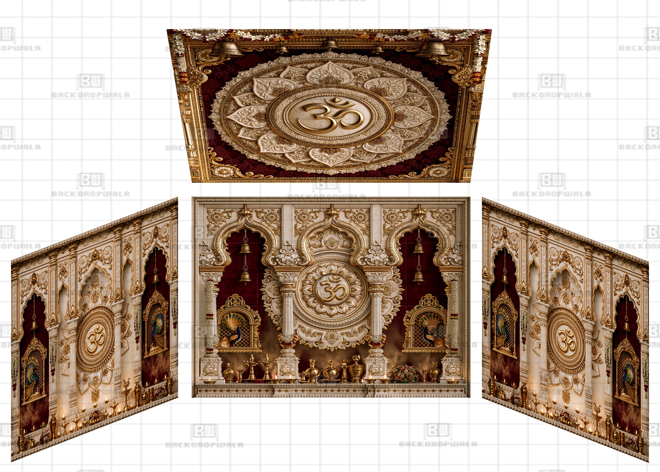 Sacred Brass Bell & Om Temple Sanctuary Theme Ganesh Pandal Backdrop