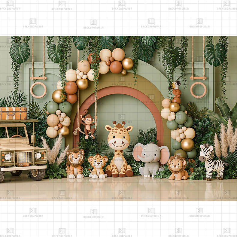 Green Leafy Forest Theme Printed Baby Backdrop
