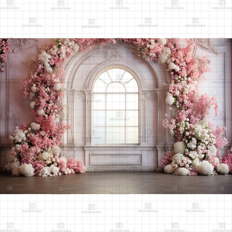 Pink Floral Window Printed Baby Backdrop