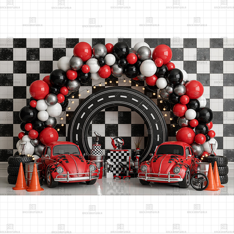 Red and Black Racing Balloon Garland Printed Baby Backdrop
