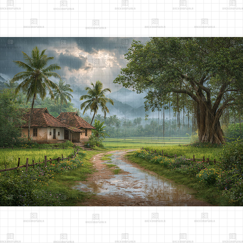Scenic Rainy Village Road with Banyan TreePrinted Baby Backdrop