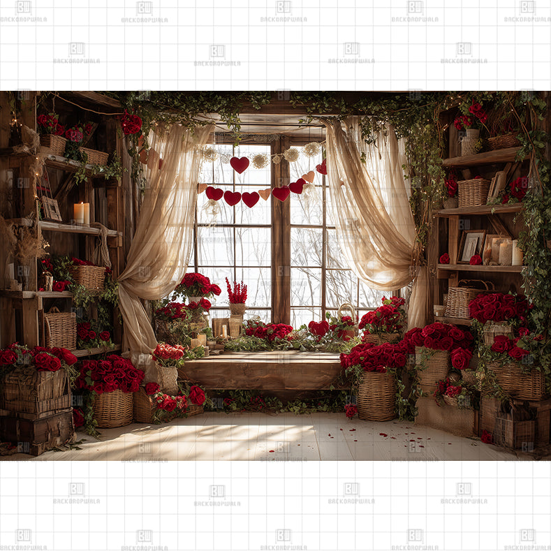 Romantic Red Rose Window Scene Backdrop