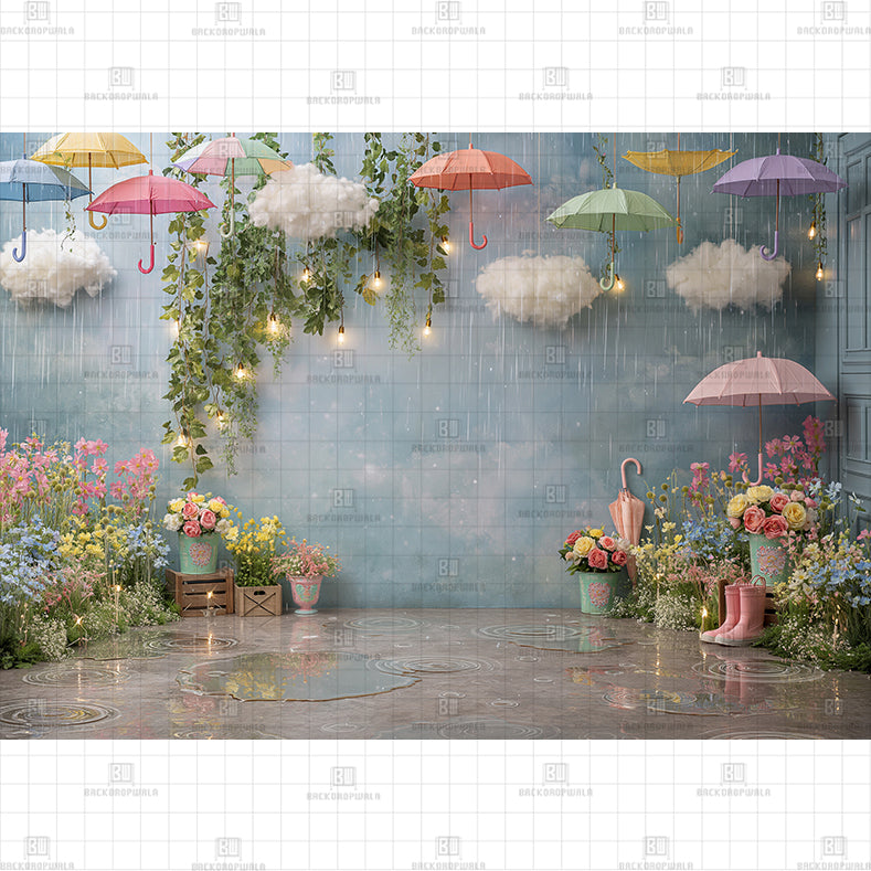 Dreamy Fairytale Rain Ripples and Blooming Flowers Printed Baby Backdrop