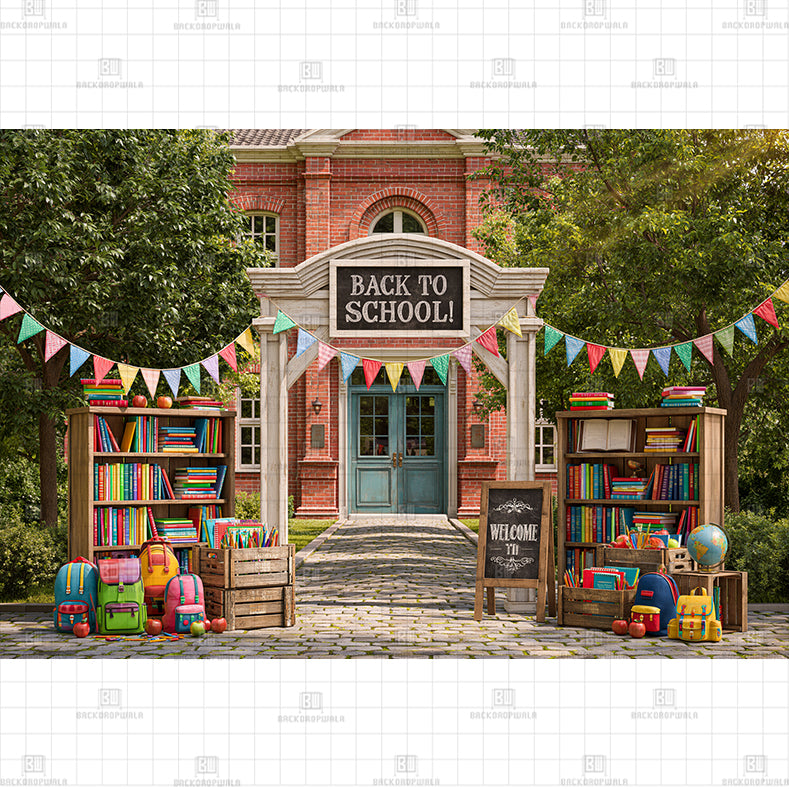 Whimsical School Yard Entrance printed Baby Backdrop