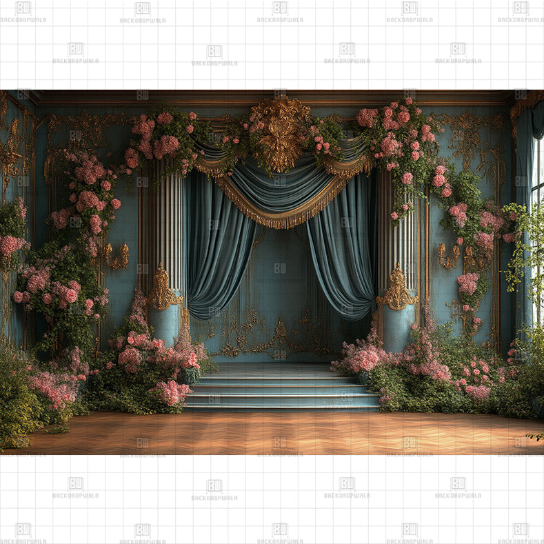 Grand Stage Floral Drapes Printed Baby Backdrop