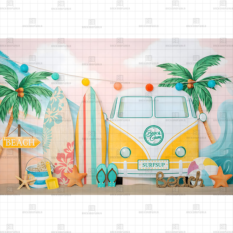 Island Floral Surfboard Setup Printed Baby Backdrop
