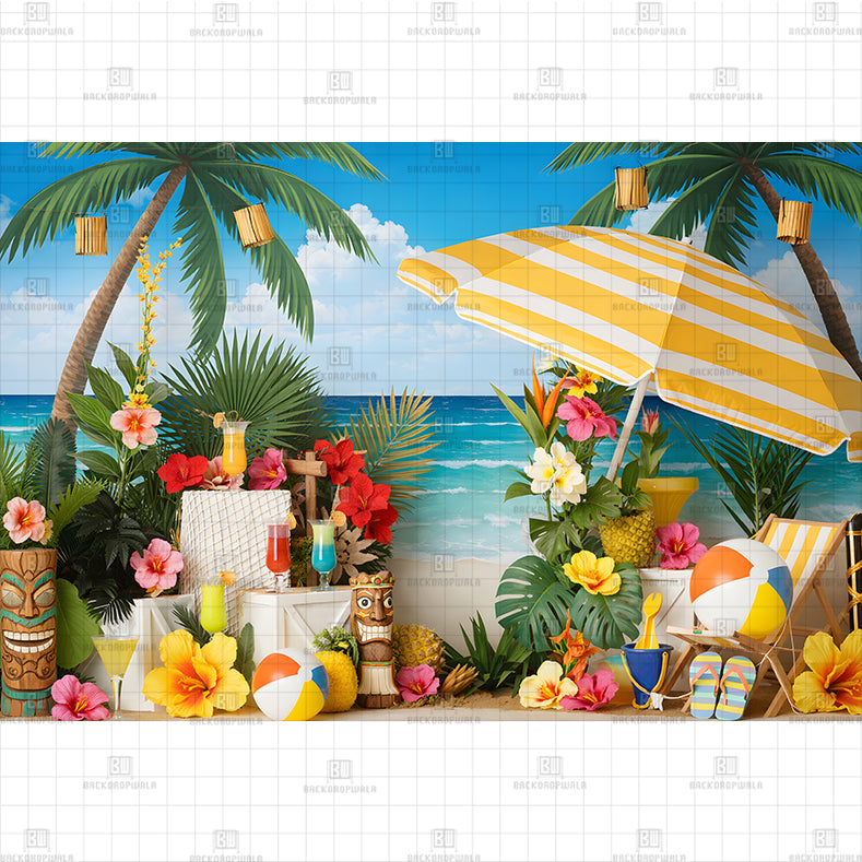 Tiki Hut Island Party Setup Printed Baby Backdrop