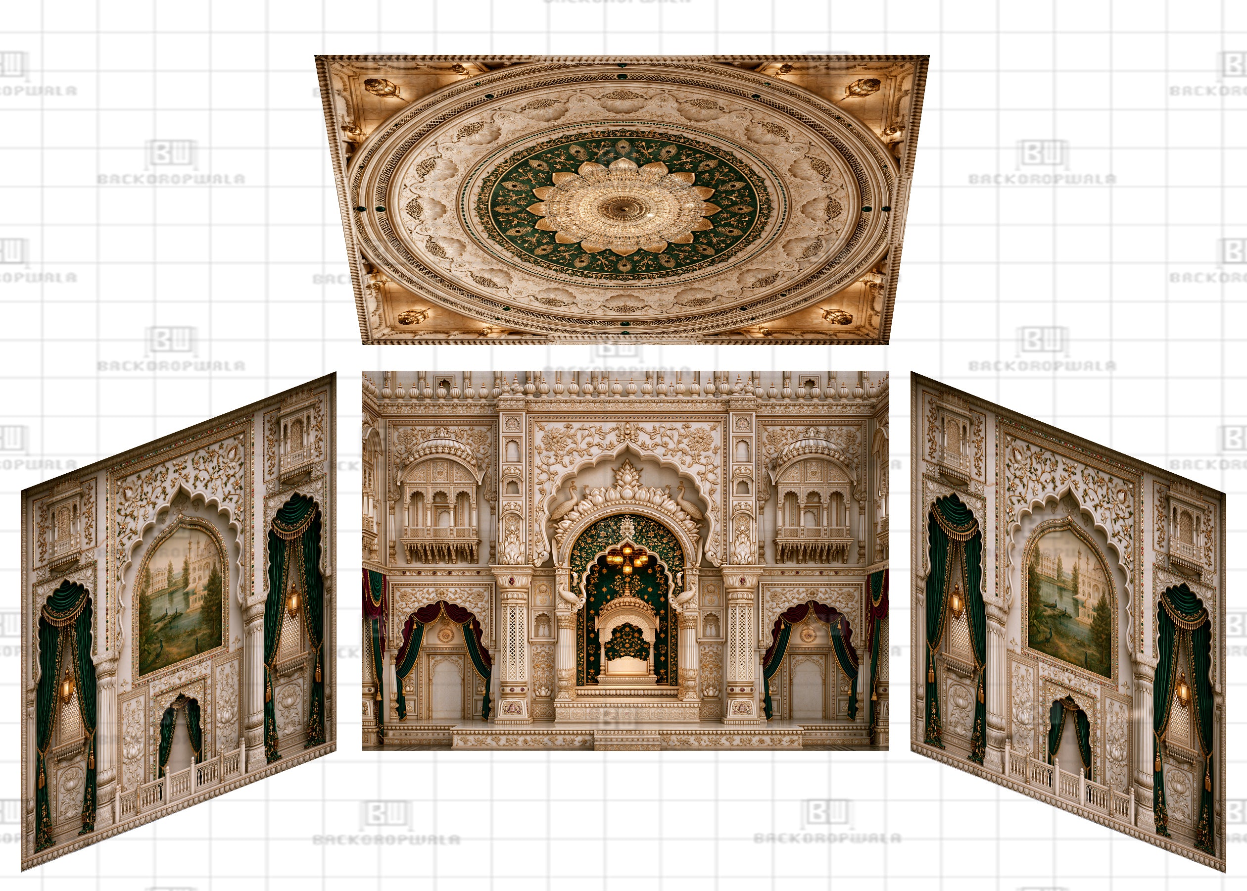 Carved Marble Arches with Landscape Murals Theme Ganesh Pandal Backdrop