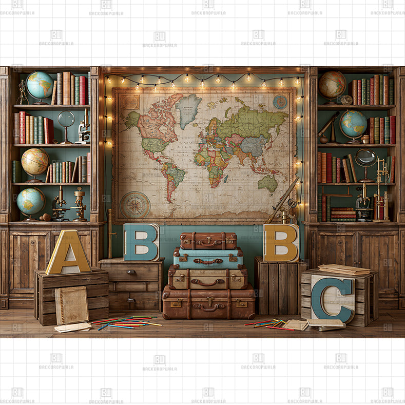 Vintage World Map and Wooden Bookshelf Printed Baby Backdrop