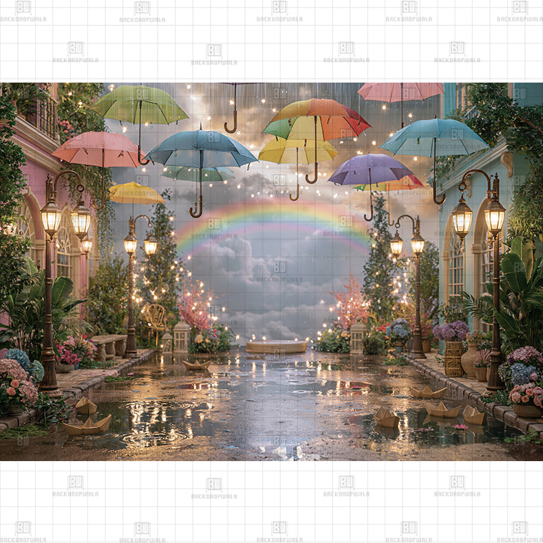 Charming Rainy Day Village Street Printed Baby Backdrop