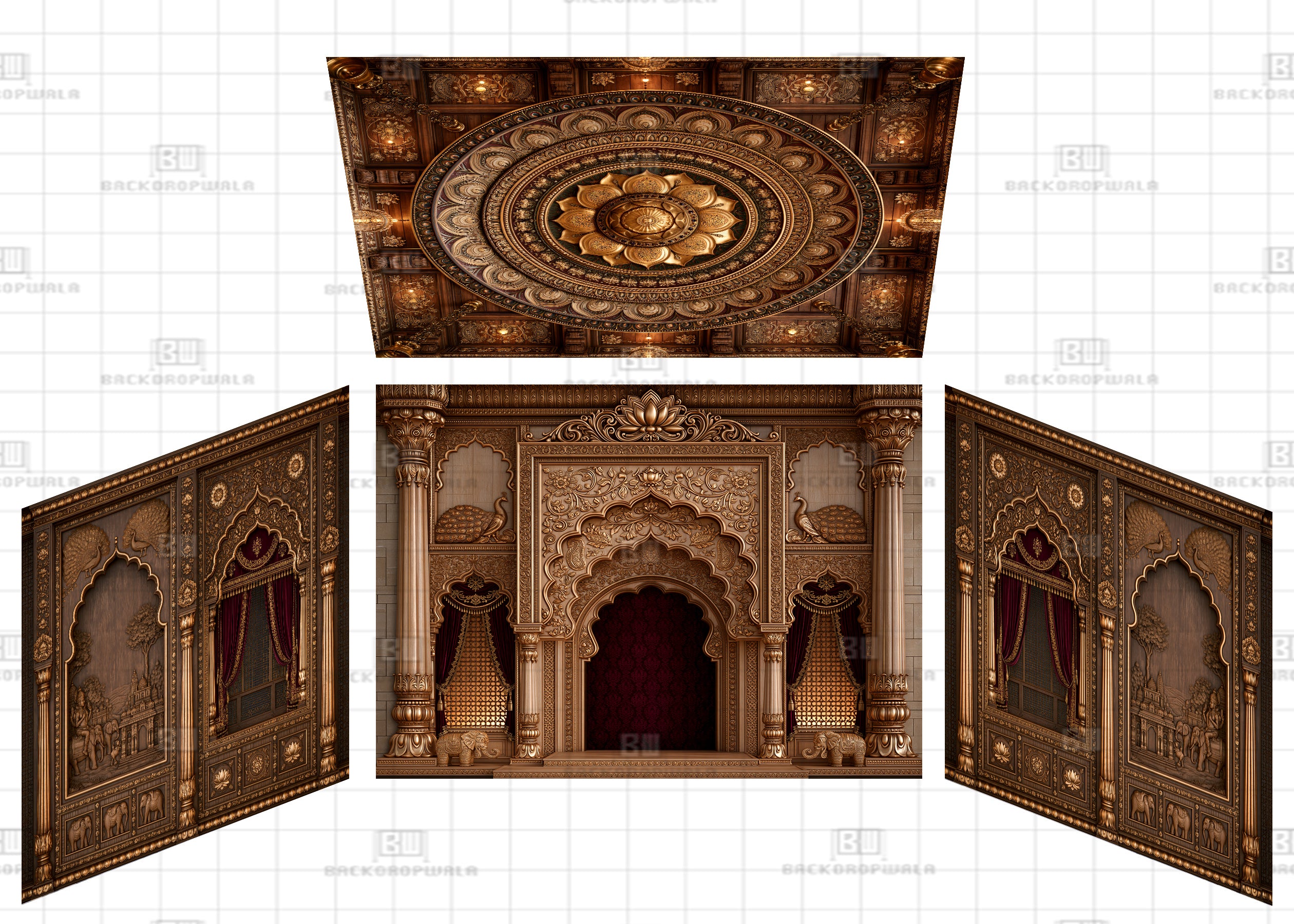 Antique Bronze Peacock ReliefsTheme Ganesh Pandal Backdrop