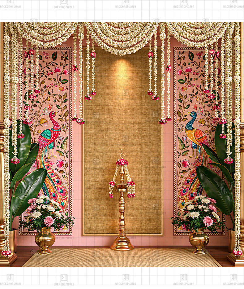 Blush Pink Pichwai Peacock Printed Diwali Decoration Backdrop