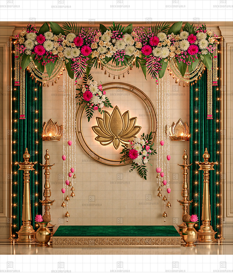 Brass Vilakku Mandapam Printed Diwali Decoration Backdrop