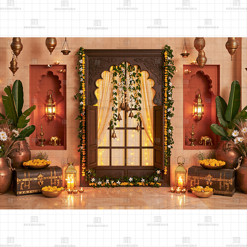 Rustic Chettinad Window of Lights Printed Diwali Baby Backdrop