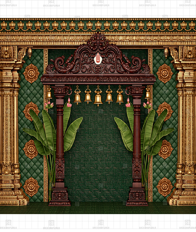 Tirupati Balaji Wooden Mandapam Stage Printed Diwali Decoration Backdrop